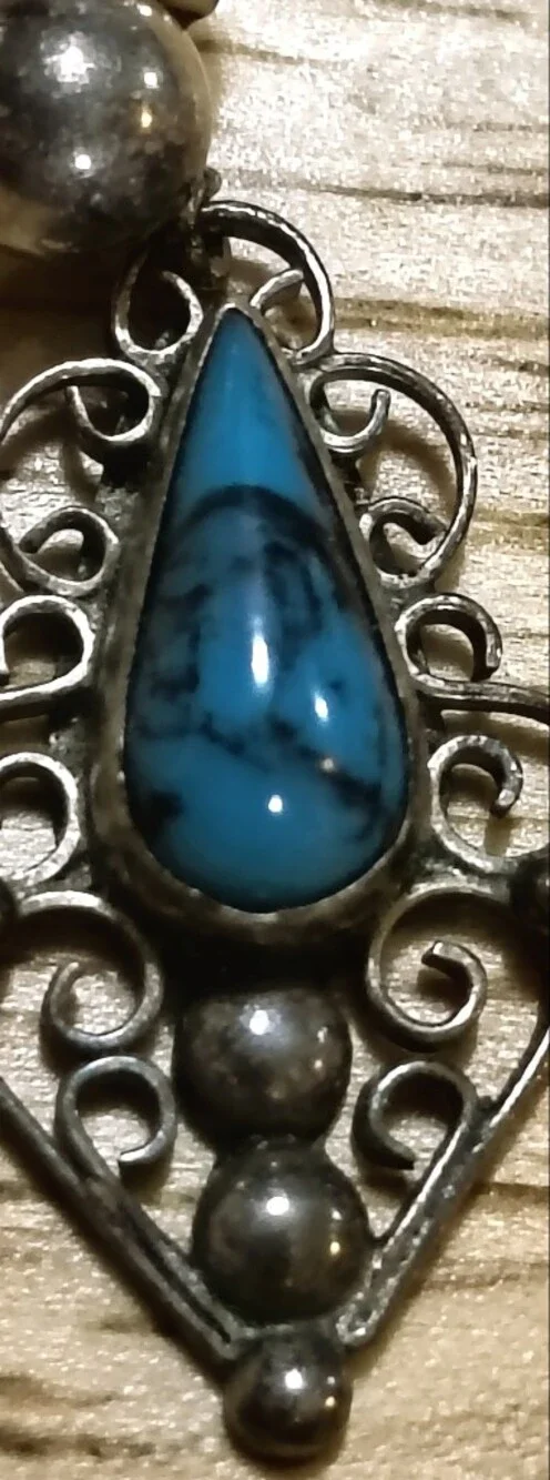 Vintage Sterling Silver Turquoise Teardrop Filigree Drop Signed Mexico Earrings